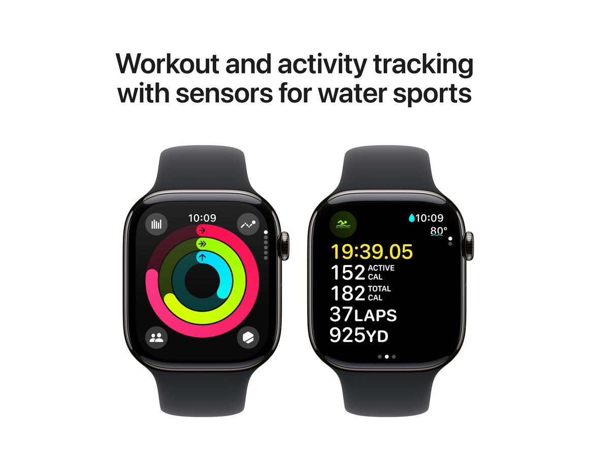 Apple Watch Series 10 GPS + Cellular 46mm Skiffer Titanboett med Svart Sportband - S/M
