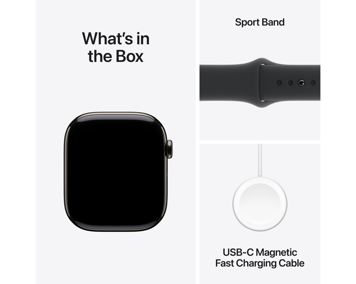 Apple Watch Series 10 GPS + Cellular 46mm Skiffer Titanboett med Svart Sportband - S/M