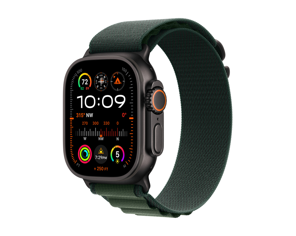 Apple Watch Ultra 2 GPS + Cellular 49mm Svart Titanboett med Mörkgrön Bergsloop - Large
